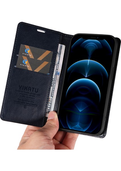 iPhone 13 Pro Max Için Cüzdan Kılıf Mıknatıslı Kapaklı Deri Telefon Kılıfı-Lacivert (Yurt Dışından)