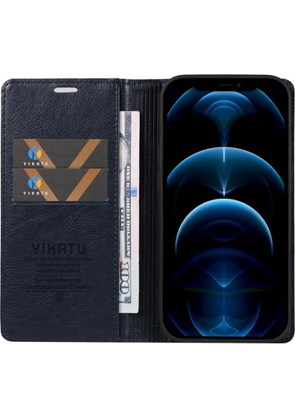 iPhone 13 Pro Max Için Cüzdan Kılıf Mıknatıslı Kapaklı Deri Telefon Kılıfı-Lacivert (Yurt Dışından)