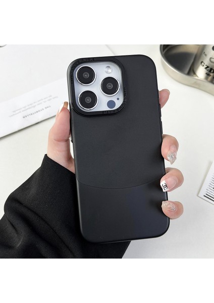 iPhone 12/12 Pro Kılıf Deri Kaplamalı Pc Telefon Koruyucu Kapak Nappa Doku-Siyah (Yurt Dışından)