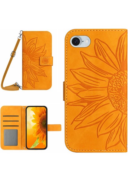 HT04 iPhone SE(2024) Kılıf Ayçiçeği Pu Deri + Omuz Askılı Tpu Telefon Kılıfı-Sarı (Yurt Dışından)