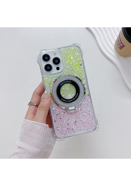 iPhone 13 Pro Max Için Cep Telefonu Kılıfları Tpu+Manyetik Halkalı Akrilik Gradyan Kapak Kickstand-Sarı+Pembe (Yurt Dışından)