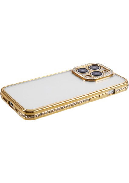 iPhone 14 Pro Max Telefon Kılıfı Için Rhinestones Dekor Tpu Çizilmez Kapak-Altın (Yurt Dışından)