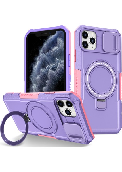 iPhone 11 Pro Max Için Kılıf Kickstand Pc+Tpu Lens Korumalı Manyetik Telefon Kılıfı-Pembe/mor (Yurt Dışından)