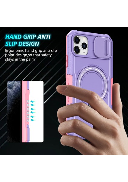 iPhone 11 Pro Max Için Kılıf Kickstand Pc+Tpu Lens Korumalı Manyetik Telefon Kılıfı-Pembe/mor (Yurt Dışından)