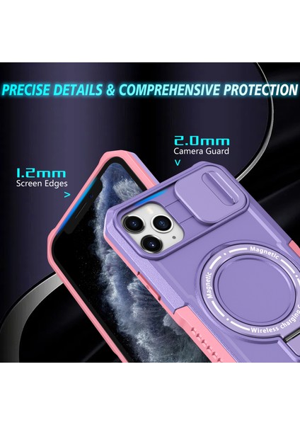 iPhone 11 Pro Max Için Kılıf Kickstand Pc+Tpu Lens Korumalı Manyetik Telefon Kılıfı-Pembe/mor (Yurt Dışından)