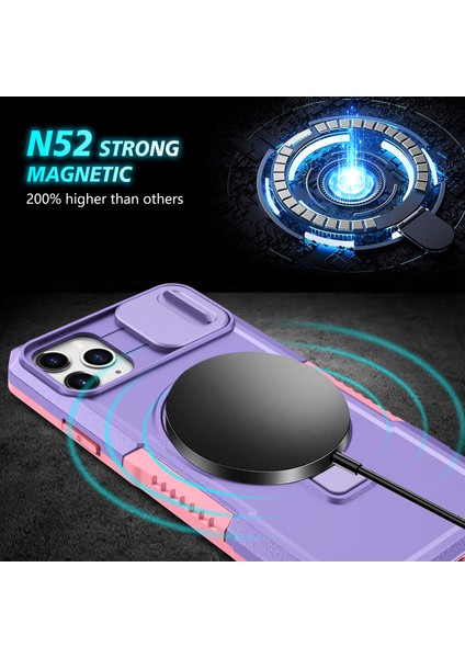 iPhone 11 Pro Max Için Kılıf Kickstand Pc+Tpu Lens Korumalı Manyetik Telefon Kılıfı-Pembe/mor (Yurt Dışından)