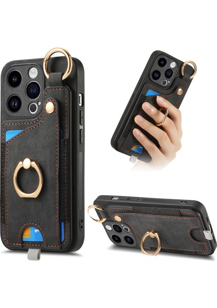 iPhone 15 Pro Max Için Kılıf Deri Kickstand Telefon Koruyucu Kabuk Retro Kart Tutucu-Siyah (Yurt Dışından)