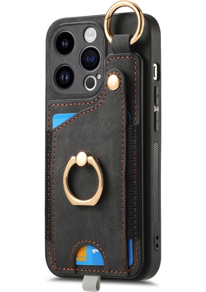 iPhone 15 Pro Max Için Kılıf Deri Kickstand Telefon Koruyucu Kabuk Retro Kart Tutucu-Siyah (Yurt Dışından) fiyatları