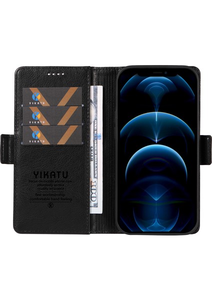 iPhone 13 Pro Için 6.1 Inç Kılıf Çizilmez Deri Standlı Telefon Kapağı Litchi Dokulu-Siyah (Yurt Dışından)