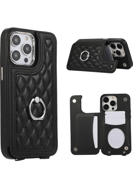 iPhone 13 Pro Max Için Crossbody Kılıf Deri Kaplamalı Tpu Kart Tutucu Kickstand Telefon Kapağı-Siyah (Yurt Dışından)