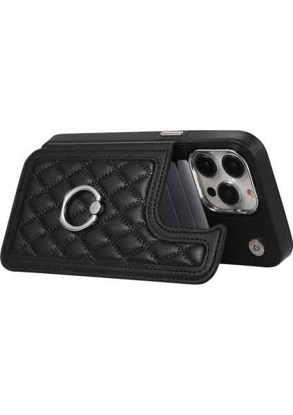 iPhone 13 Pro Max Için Crossbody Kılıf Deri Kaplamalı Tpu Kart Tutucu Kickstand Telefon Kapağı-Siyah (Yurt Dışından)