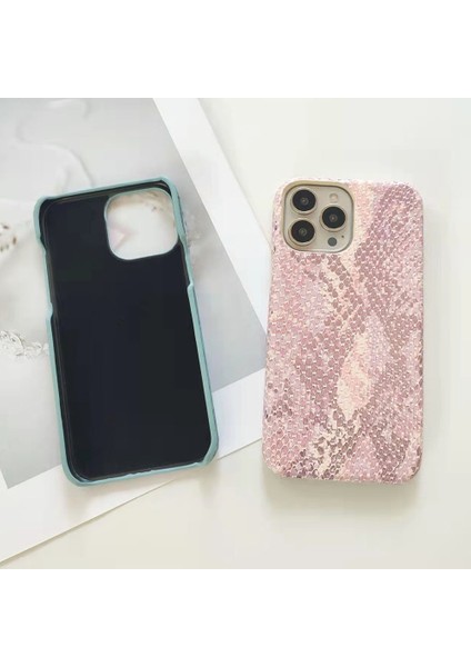 iPhone 13 Pro Için Mobil Tedarikçi Telefon Kılıfı Pu Deri + Vernikli Yılan Dokulu Pc Kabuğu-Pembe (Yurt Dışından)