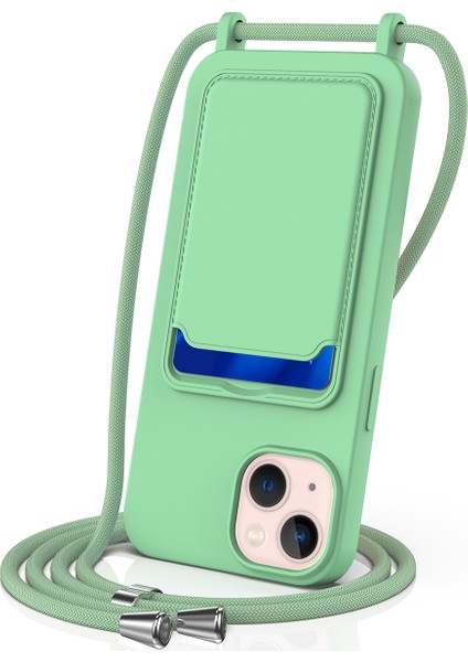 iPhone 15 Plus Shell Sıvı Silikon Kart Tutucu Telefon Kılıfı Uzun Ipli-Yeşil (Yurt Dışından)