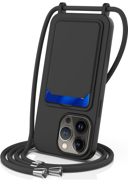 iPhone 13 Pro Kart Yuvası Kılıfı Kordonlu Sıvı Silikon Telefon Koruyucu-Siyah (Yurt Dışından)