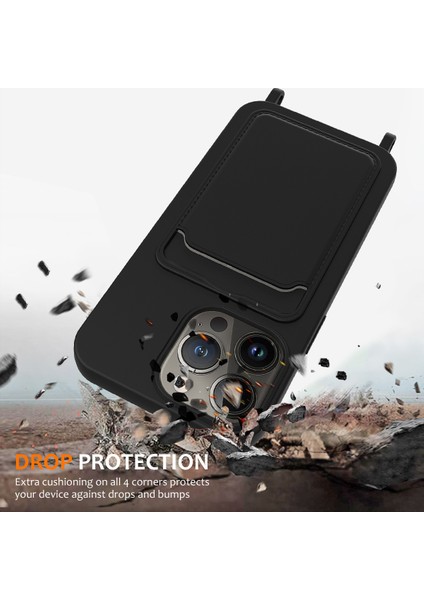 iPhone 13 Pro Kart Yuvası Kılıfı Kordonlu Sıvı Silikon Telefon Koruyucu-Siyah (Yurt Dışından)