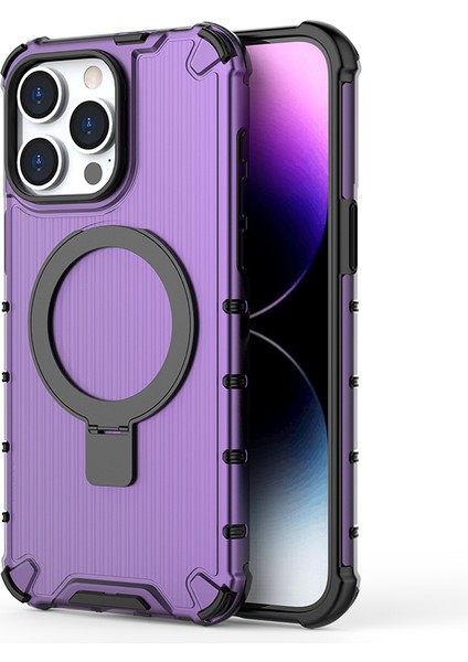 iPhone 13 Pro Pc+Tpu Manyetik Kılıf Şerit Tasarımı Kickstand Telefon Kapağı-Mor (Yurt Dışından)