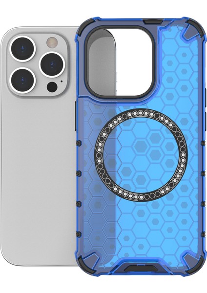 iPhone 13 Pro Için Manyetik Kılıf Petek Tasarımı Kalınlaştırılmış Köşeler Tpu+Pc Telefon Kapağı-Mavi (Yurt Dışından)
