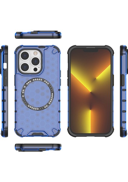 iPhone 13 Pro Için Manyetik Kılıf Petek Tasarımı Kalınlaştırılmış Köşeler Tpu+Pc Telefon Kapağı-Mavi (Yurt Dışından)