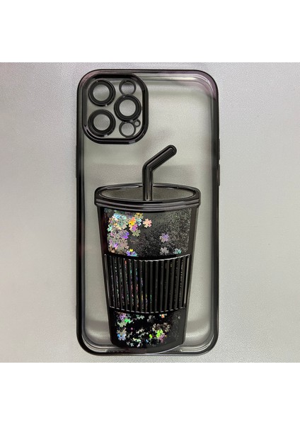 iPhone 14 Pro Için Quicksand Kılıf Parıltılı Payetler Tpu Telefon Kapağı Temperli Cam Lensli Film-Siyah (Yurt Dışından)