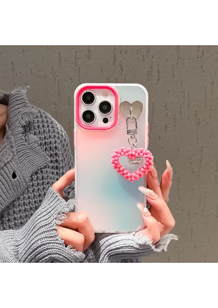 iPhone 12/12 Pro Kılıf Mat Lazer Efektli Pc+Tpu Telefon Kılıfı Inci Kalpli Kolye-Gül (Yurt Dışından)