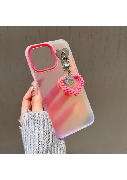 iPhone 12/12 Pro Kılıf Mat Lazer Efektli Pc+Tpu Telefon Kılıfı Inci Kalpli Kolye-Gül (Yurt Dışından)