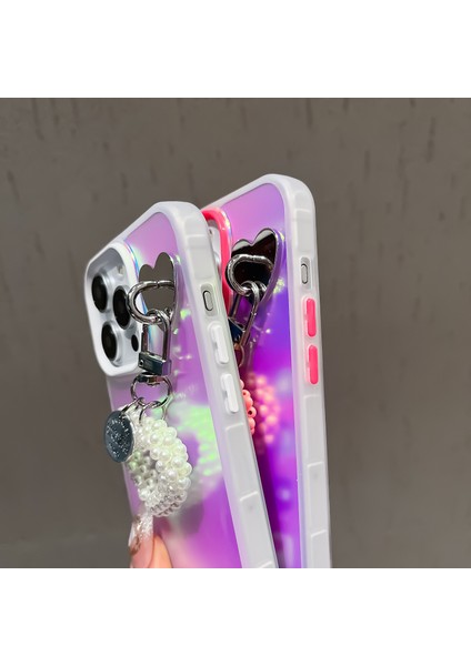 iPhone 12/12 Pro Kılıf Mat Lazer Efektli Pc+Tpu Telefon Kılıfı Inci Kalpli Kolye-Gül (Yurt Dışından)