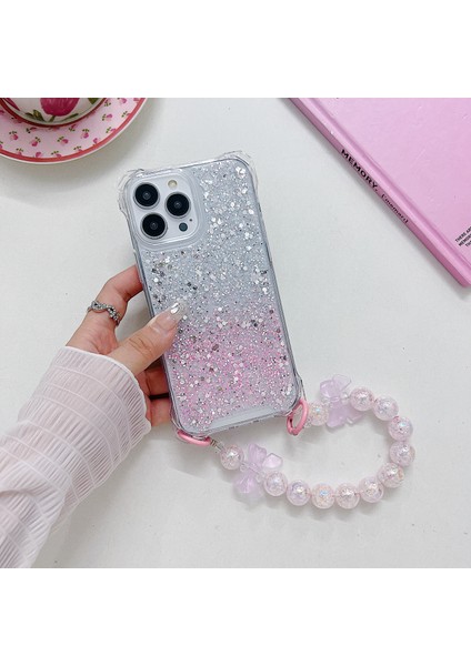iPhone 15 Pro Için Kılıf Tpu+Akrilik Degrade Telefon Kılıfı, Ilmek Dekorlu El Zinciri-Gümüş+Pembe (Yurt Dışından)