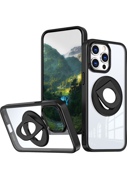 iPhone 15 Pro Max Kılıf Magsafe Halkalı Kickstand ile Uyumlu Şeffaf Tpu+Pc Telefon Kapağı-Siyah (Yurt Dışından)