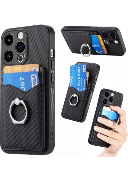 C1-8 iPhone 13 Pro Kılıf Pu Deri+Pc+Tpu Parmak Yüzük Tutuculu Telefon Kılıfı-Siyah (Yurt Dışından)