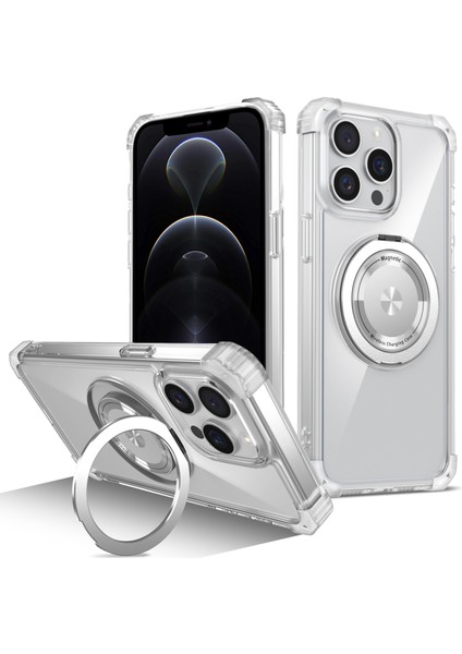 iPhone 12/12 Pro Için Magsafe Döner Destek Standı Tpu+Pc Telefon Kapağı ile Uyumlu Kılıf - Şeffaf (Yurt Dışından)