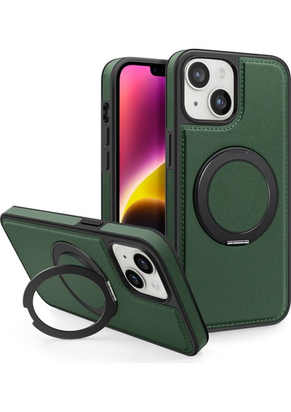 iPhone 14 Plus Için Manyetik Telefon Kılıfı Deri+Pc+Tpu Döner Halkalı Kickstand-Koyu Yeşil (Yurt Dışından)