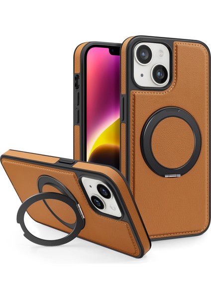 iPhone 14 Plus Için Manyetik Telefon Kılıfı Deri+Pc+Tpu Döner Halkalı Kickstand-Kahverengi (Yurt Dışından)