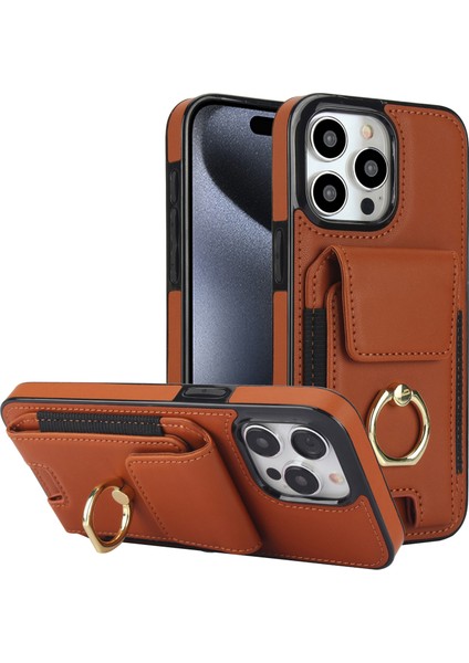iPhone 15 Pro Için Kılıf Pu Deri+Tpu Düşmeyi Önleyici Kickstand Telefon Kapağı-Kahverengi (Yurt Dışından)