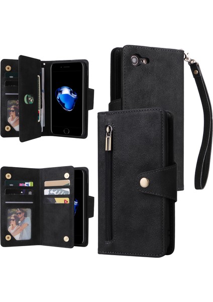iPhone 7/8 Için Kılıf Pu Deri Standlı Telefon Kapağı Perçin Dekorlu-Siyah (Yurt Dışından)