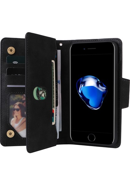 iPhone 7/8 Için Kılıf Pu Deri Standlı Telefon Kapağı Perçin Dekorlu-Siyah (Yurt Dışından) modelleri