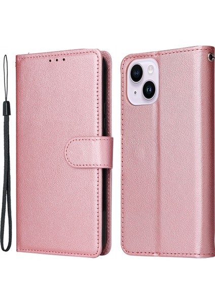 iPhone 14 Plus Deri Kılıf Cüzdan Standı Cep Telefonu Kapağı -Gül Altın (Yurt Dışından)