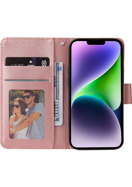 iPhone 14 Plus Deri Kılıf Cüzdan Standı Cep Telefonu Kapağı -Gül Altın (Yurt Dışından)