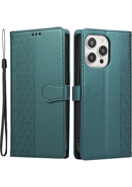 R20 iPhone 14 Pro Kılıf Için Pu Deri Ekleme Eşkenar Dörtgen Kart Yuvaları Telefon Kapağı-Yeşil (Yurt Dışından)
