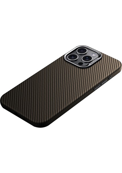 iPhone 15 Pro Için Manyetik Kılıf Metal Lens Çerçevesi Karbon Fiber Dokulu Deri Arka Kapak-Kahverengi (Yurt Dışından)