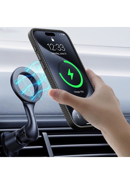 iPhone 15 Pro Için Manyetik Kılıf Metal Lens Çerçevesi Karbon Fiber Dokulu Deri Arka Kapak-Kahverengi (Yurt Dışından)