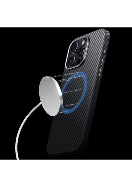 iPhone 15 Pro Için Manyetik Kılıf Metal Lens Çerçevesi Karbon Fiber Dokulu Deri Arka Kapak-Kahverengi (Yurt Dışından)