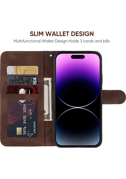 iPhone 14 Pro Max Için Deri Kılıf Skin-Touch Texture Cüzdan Standlı Telefon Kapağı-Kahverengi (Yurt Dışından)