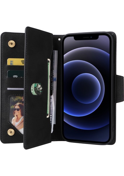 iPhone 12 Için 6.1 Inç Kılıf Pu Deri Perçin Dekor 9 Kart Yuvaları Telefon Kapağı-Siyah (Yurt Dışından)