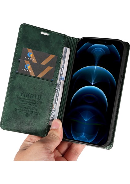 iPhone 13 Pro Cüzdan Kılıf Darbeye Dayanıklı Litchi Dokulu Deri Telefon Kılıfı-Yeşil (Yurt Dışından)