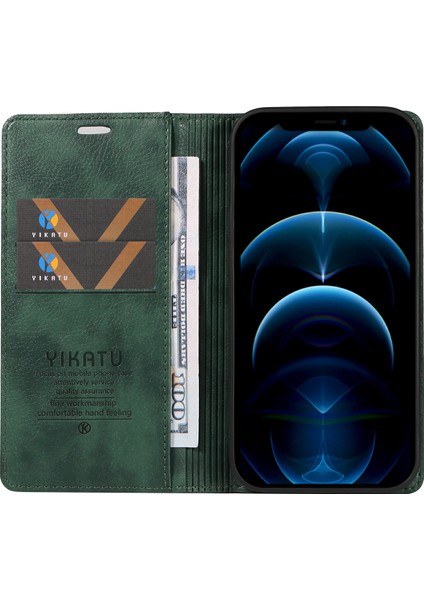 iPhone 13 Pro Cüzdan Kılıf Darbeye Dayanıklı Litchi Dokulu Deri Telefon Kılıfı-Yeşil (Yurt Dışından)