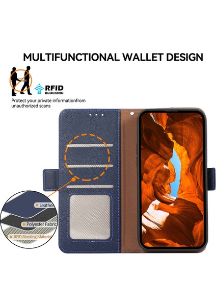 iPhone 14 Plus Için Pu Deri Kılıf Litchi Doku Rfıd Engelleme Telefon Kapağı-Mavi (Yurt Dışından)