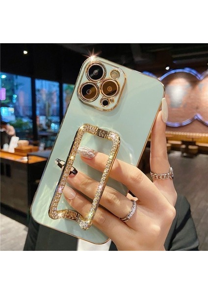 iPhone 15 Pro Için Çizilmez Telefon Kapağı Yapay Elmas Dekor Dikdörtgen Kickstand Tpu Kılıf Açık Mavi (Yurt Dışından)