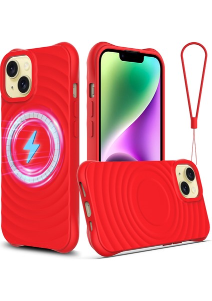 iPhone 14 Plus Için Manyetik Telefon Kılıfı Su Dalgalanma Dokusu El Kayışı ile Sıvı Silikon Kabuk-Kırmızı (Yurt Dışından)