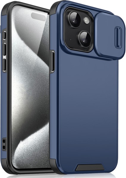 iPhone 15 Için Kaydırmalı Kamera Kılıfı Pc+Tpu Koruyucu Telefon Koruyucu-Mavi (Yurt Dışından)