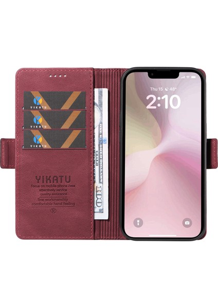 iPhone SE(2024) Kılıf Skin-Touch Deri Standlı Kart Yuvaları Telefon Kapağı-Şarap Kırmızısı (Yurt Dışından)